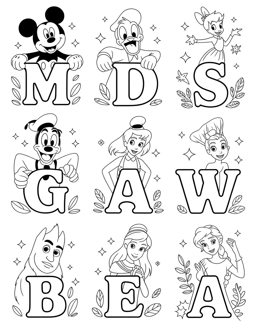 character disney alphabet coloring page