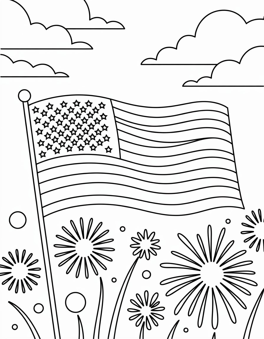 american flag and fireworks coloring page