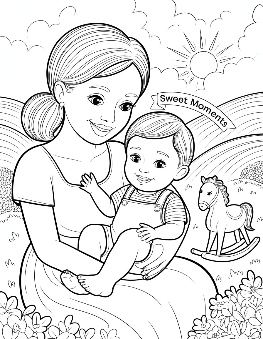 mom holding baby coloring page