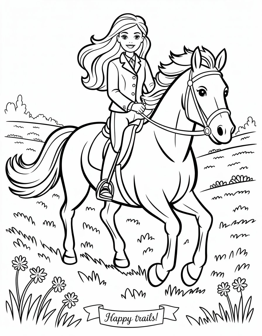 barbie riding horse coloring page