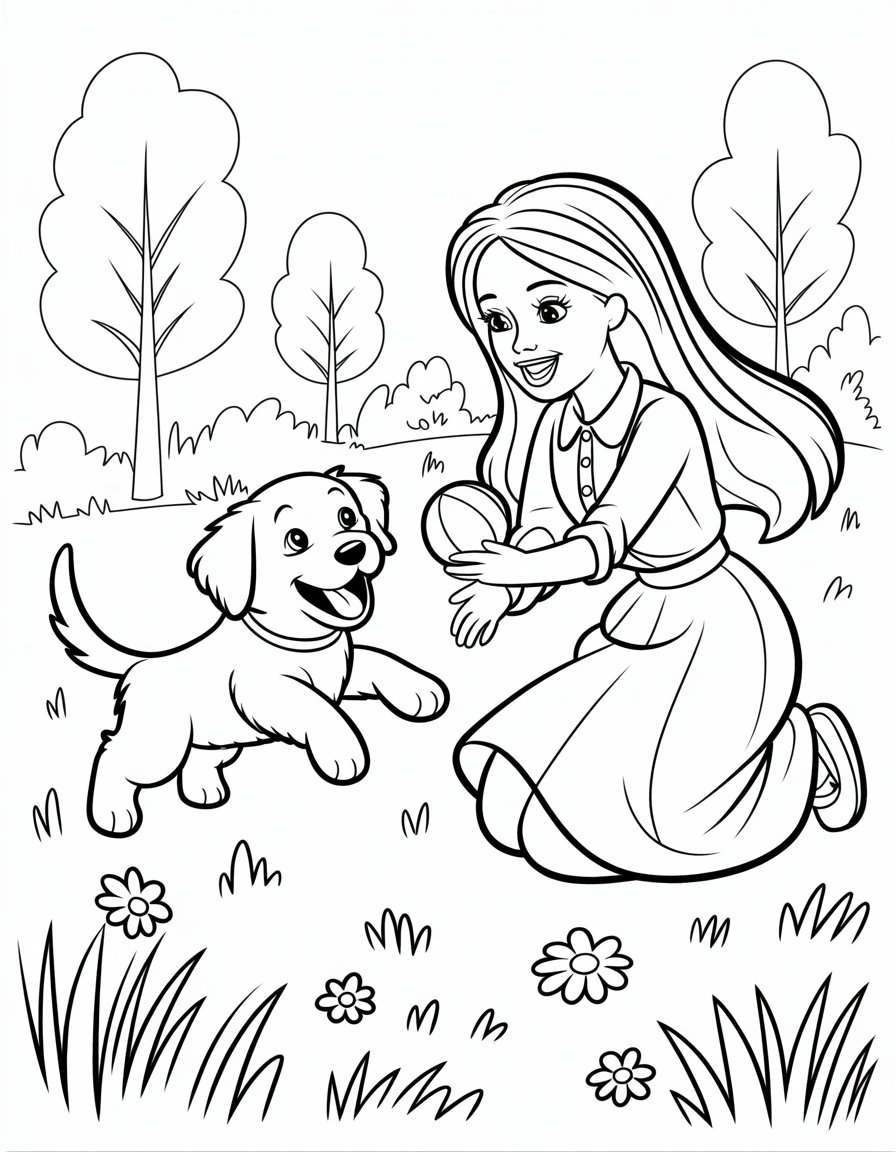 barbie with dog coloring page