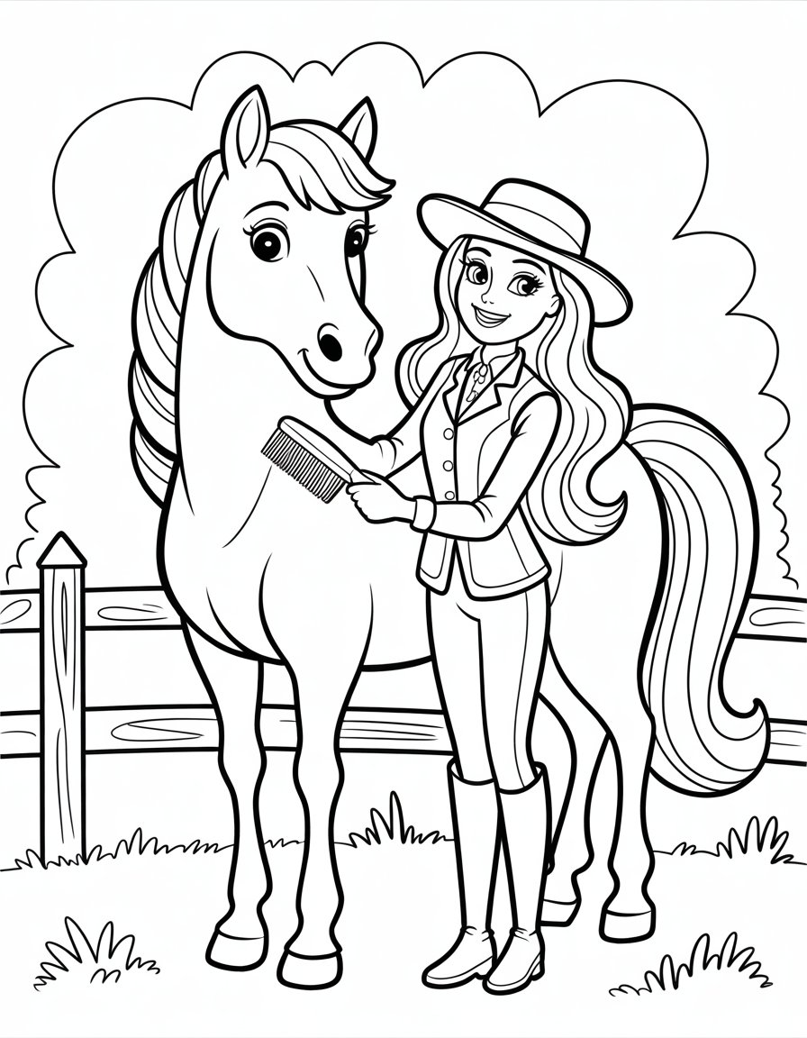 barbie with pony coloring page
