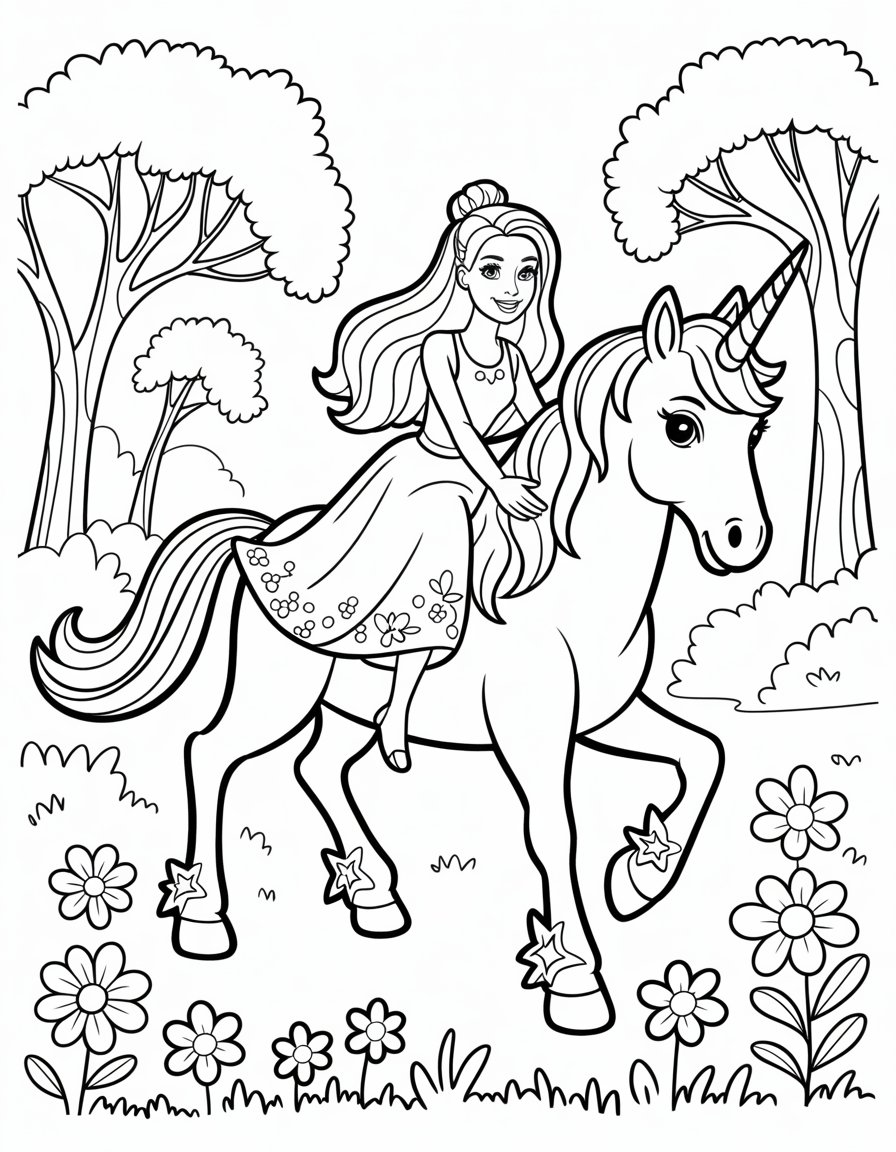 barbie with unicorn coloring page