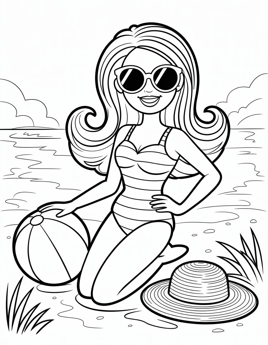 barbie at the beach coloring page