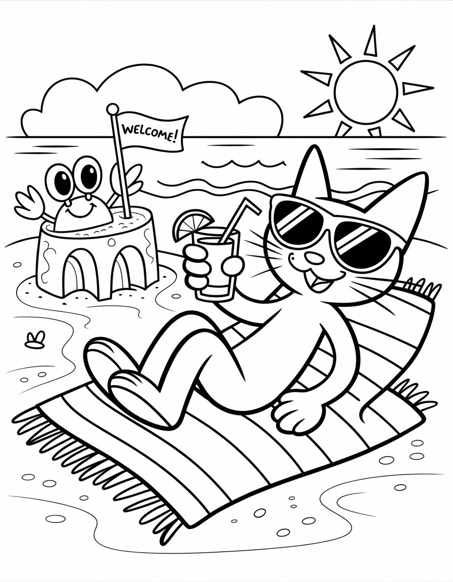 pete the cat at the beach coloring page