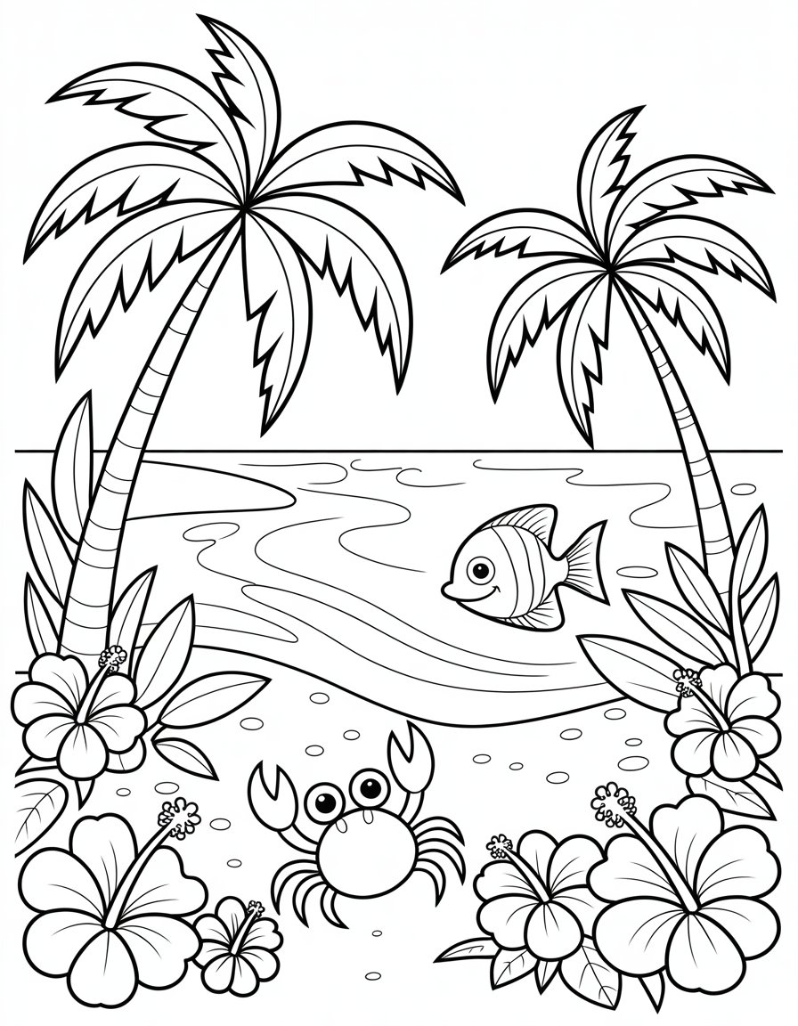 tropical beach coloring page