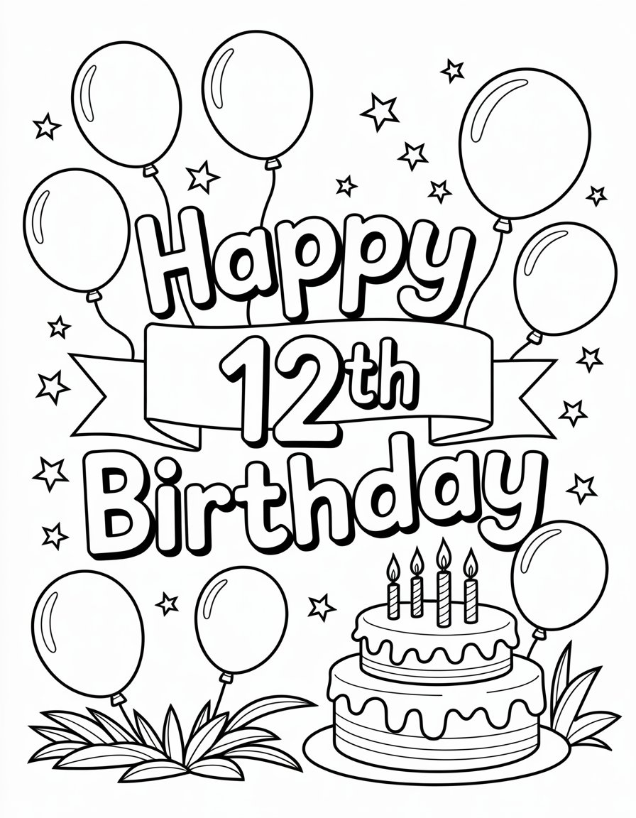 happy 12th birthday coloring page