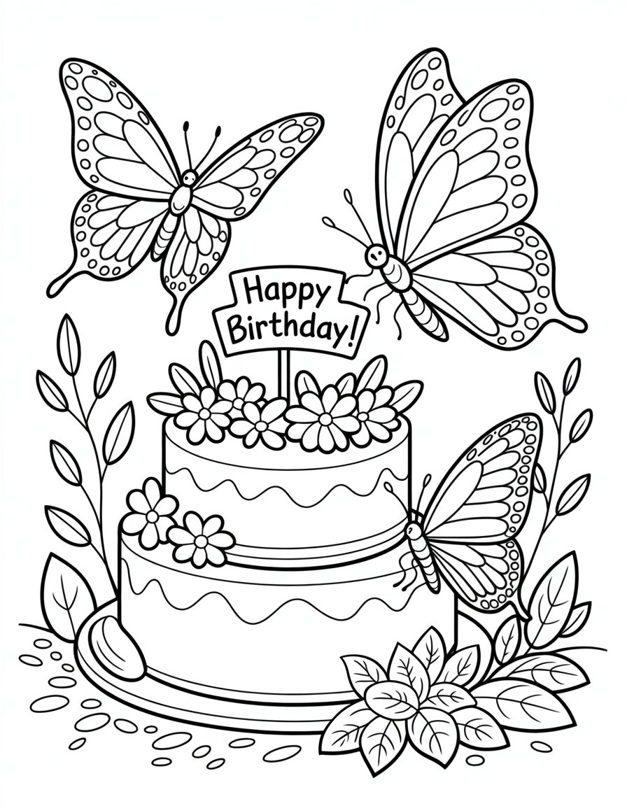 happy birthday butterfly coloring page