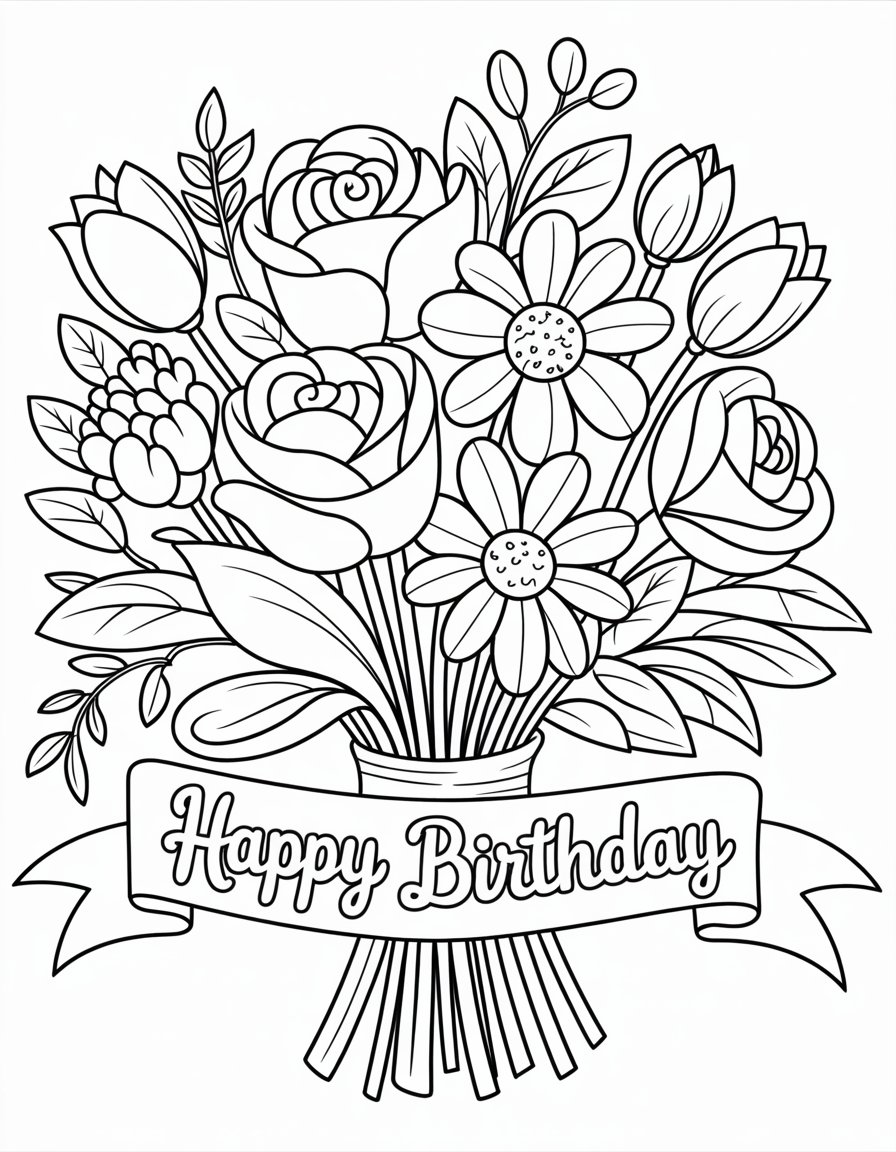 happy birthday flower coloring page