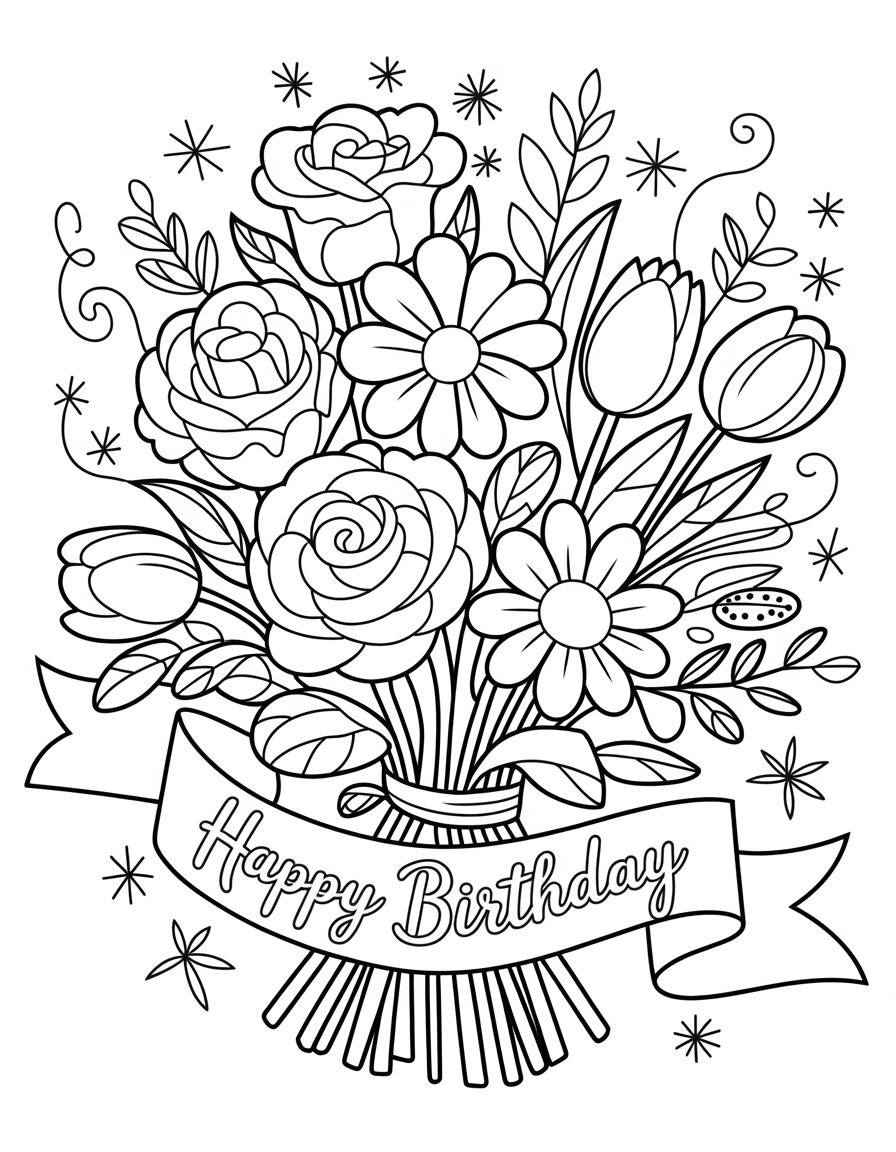 happy birthday flowers coloring page