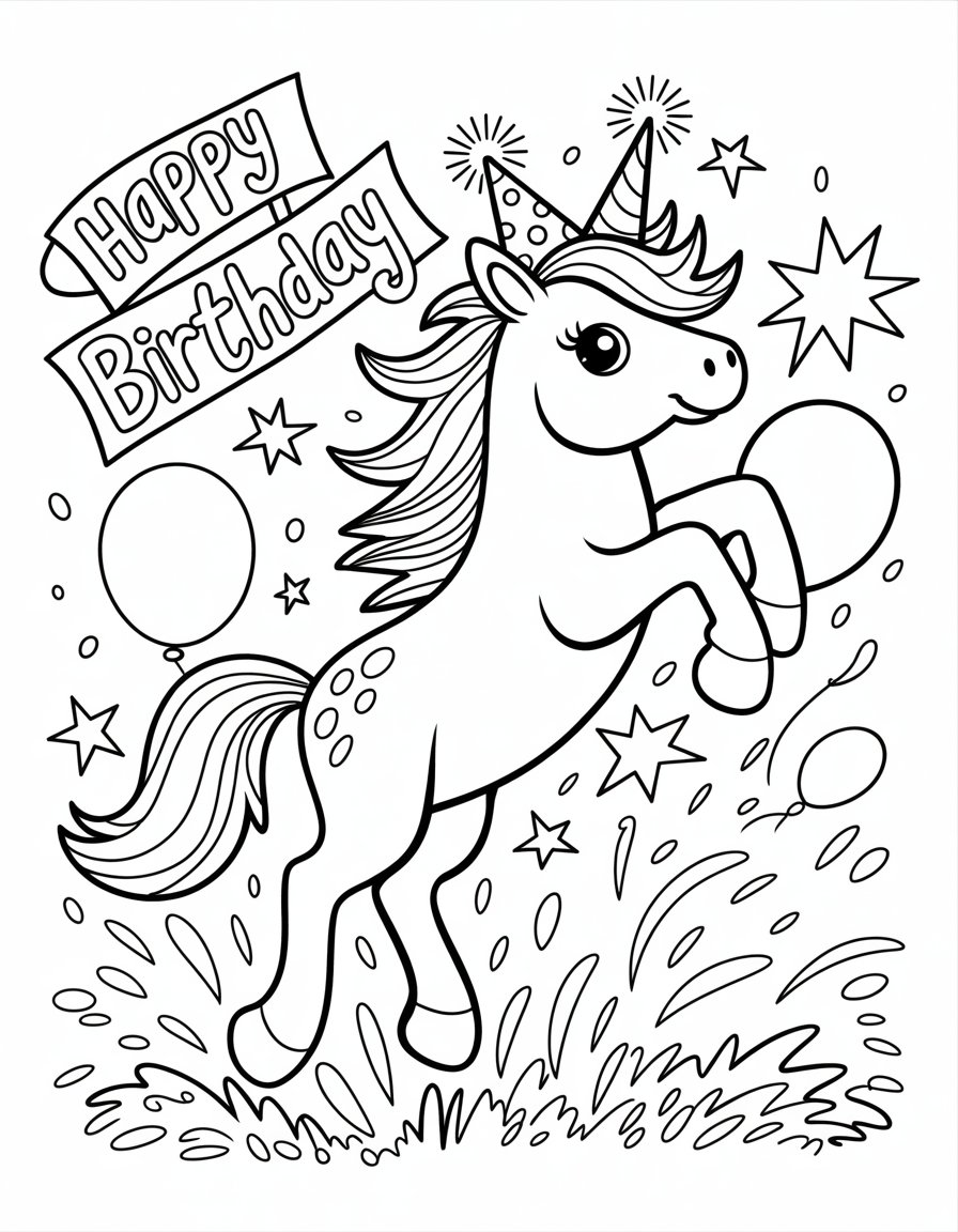 happy birthday unicorn coloring page