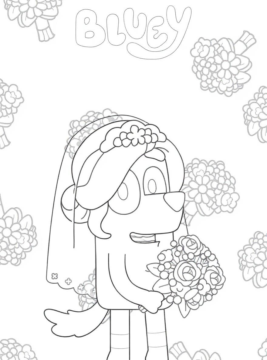 A happy puppy bride holding flowers coloring page