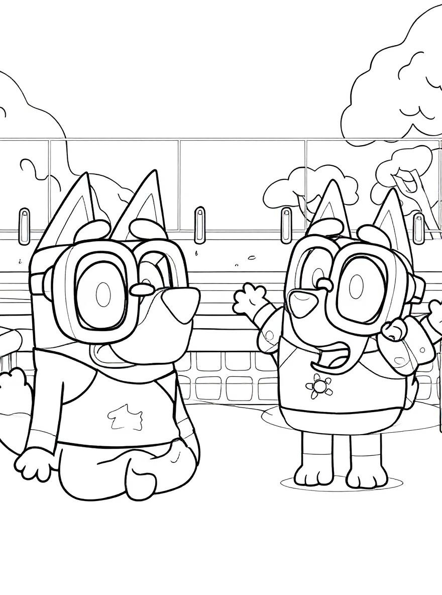 Bingo and Bluey at the pool coloring page
