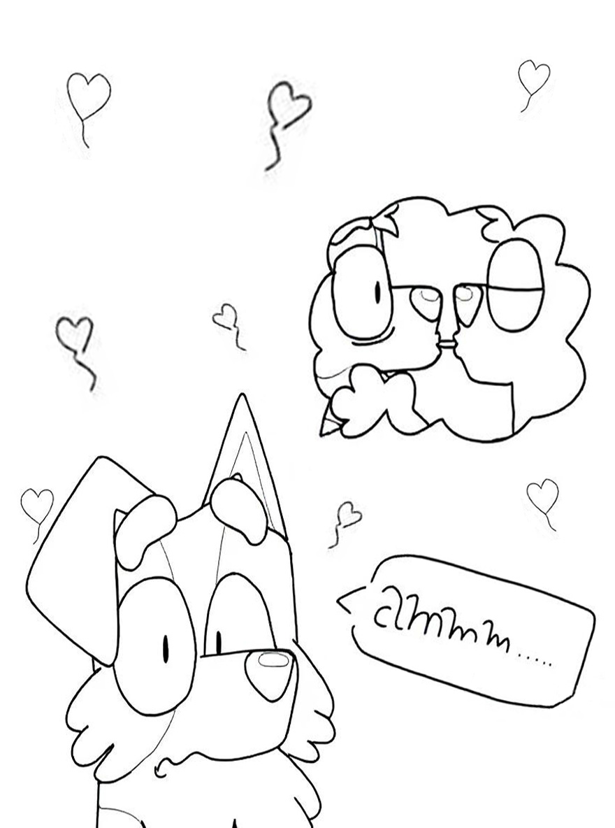 Bingo and Bluey kissing coloring page