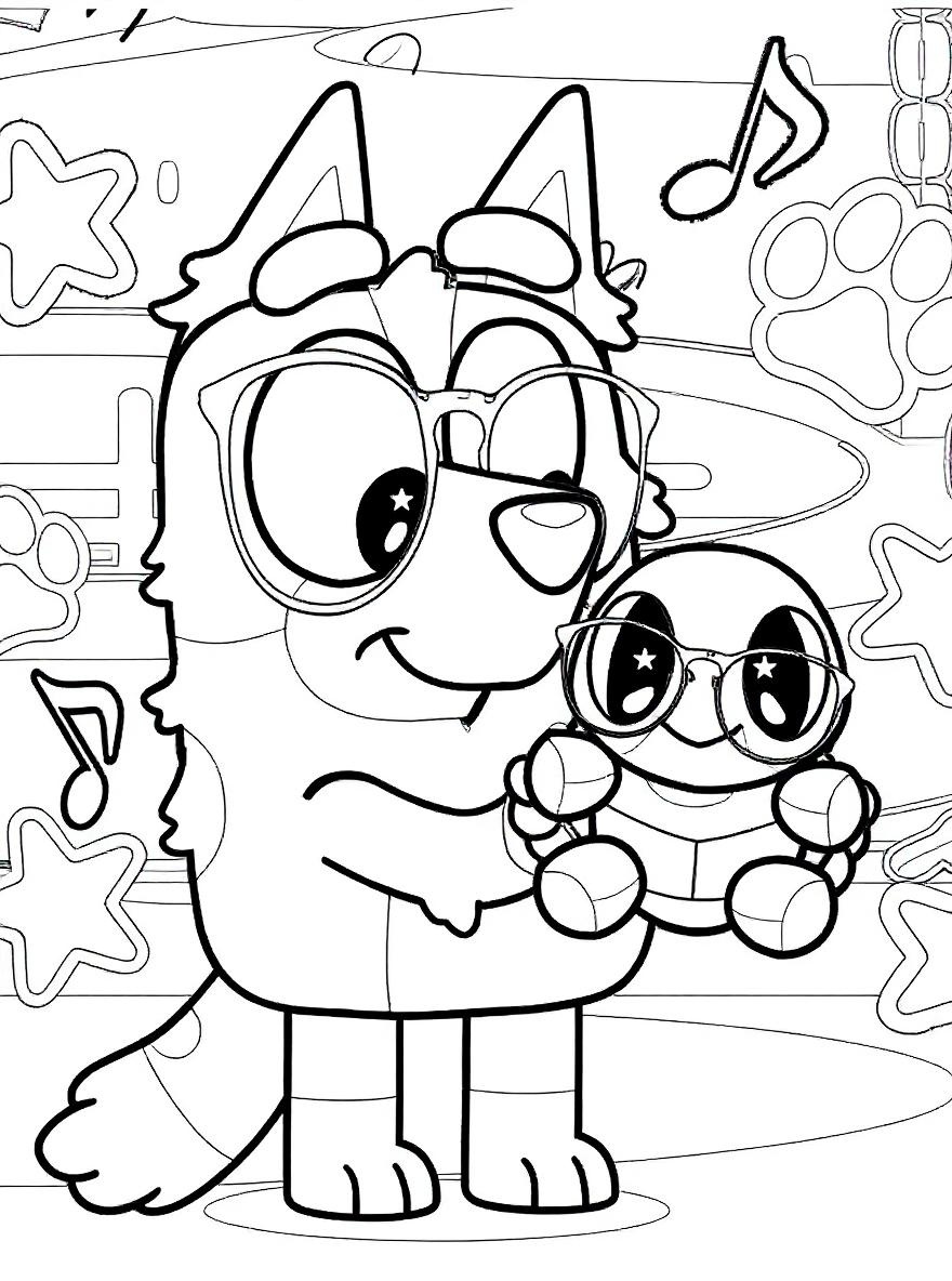 Bingo holding a turtle coloring page