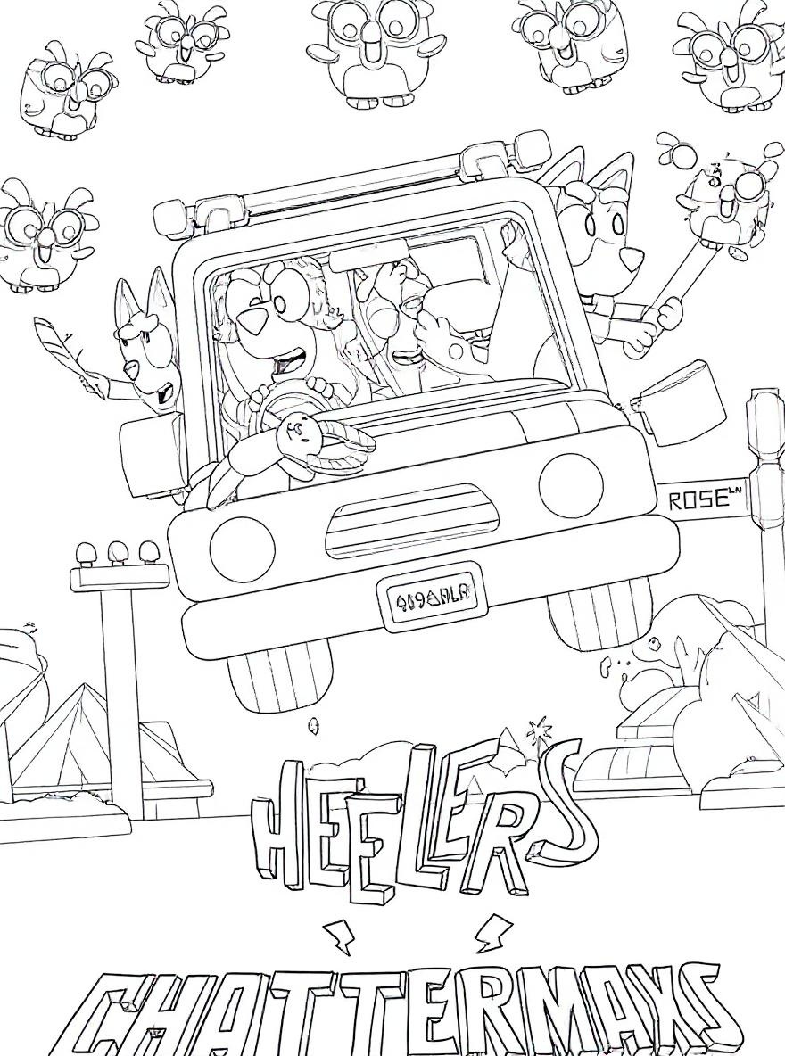Bluey and Bingo car chase coloring page
