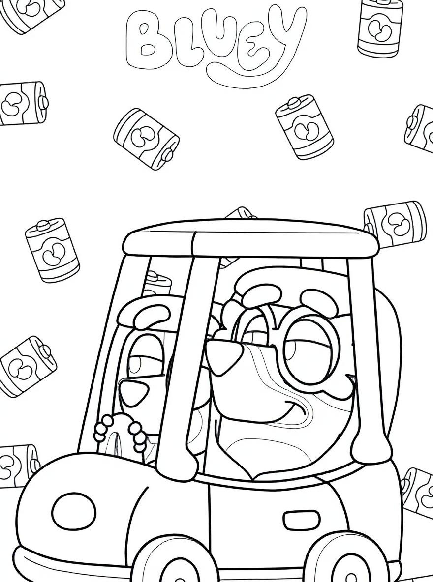 Bluey and Bingo driving in car coloring page