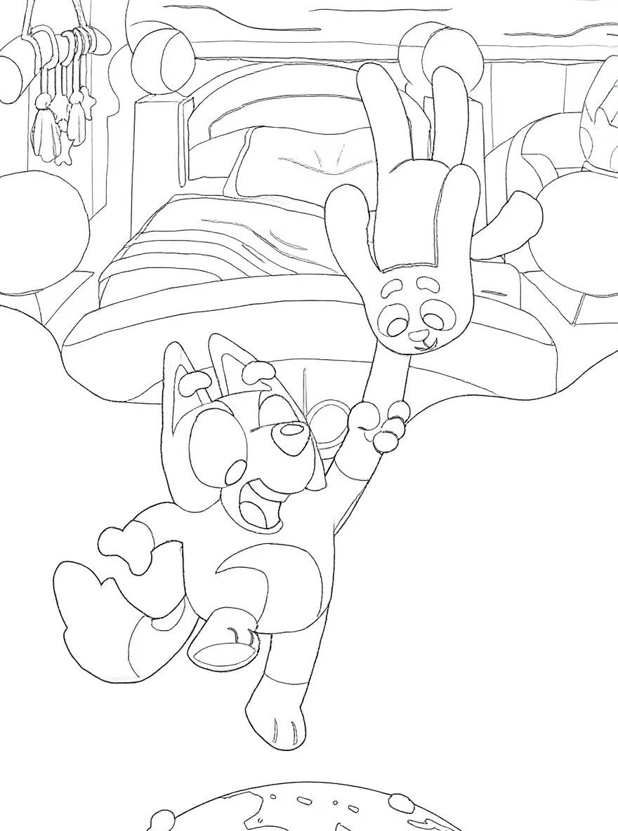 Bluey and Bingo floating in space coloring page