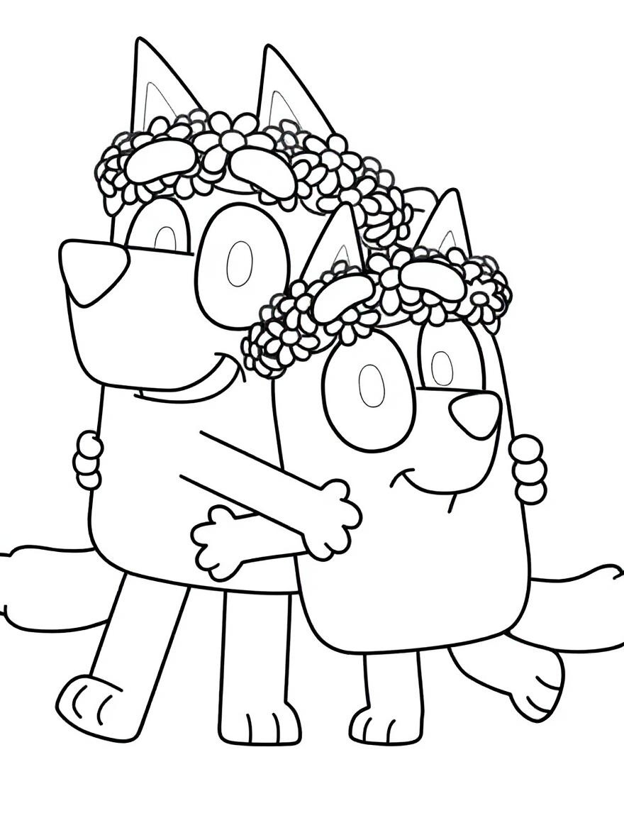 Bluey and Bingo flower crowns coloring page