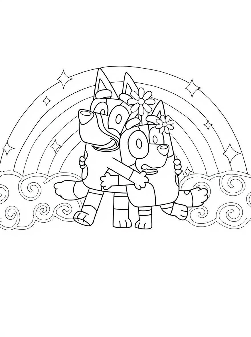 Bluey and Bingo hugging over rainbow coloring page