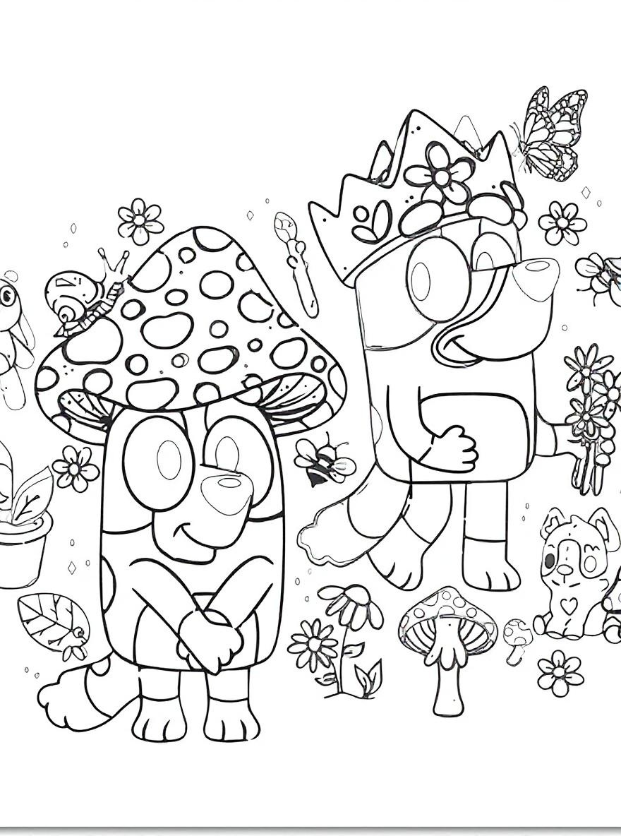 bluey and bingo in mushroom land coloring page