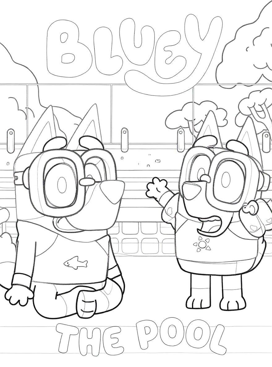 Bluey and Bingo in the pool coloring page