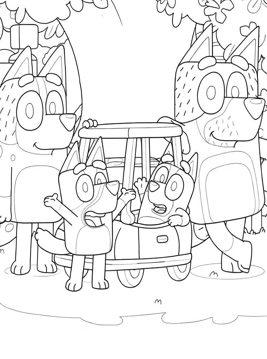 Bluey and Bingo in toy car coloring page
