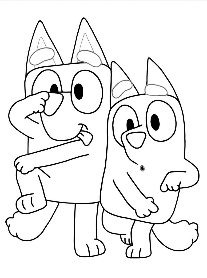 Bluey and Bingo playing coloring page