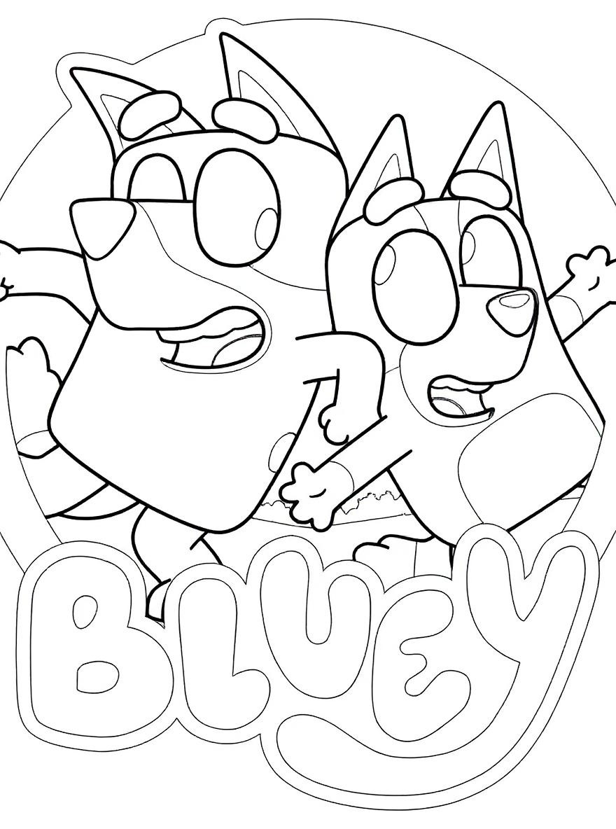Bluey and Bingo running together coloring page