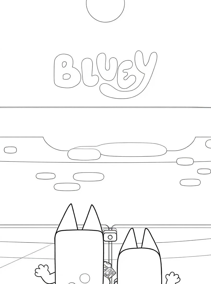 Bluey and Bingo watching the ocean coloring page