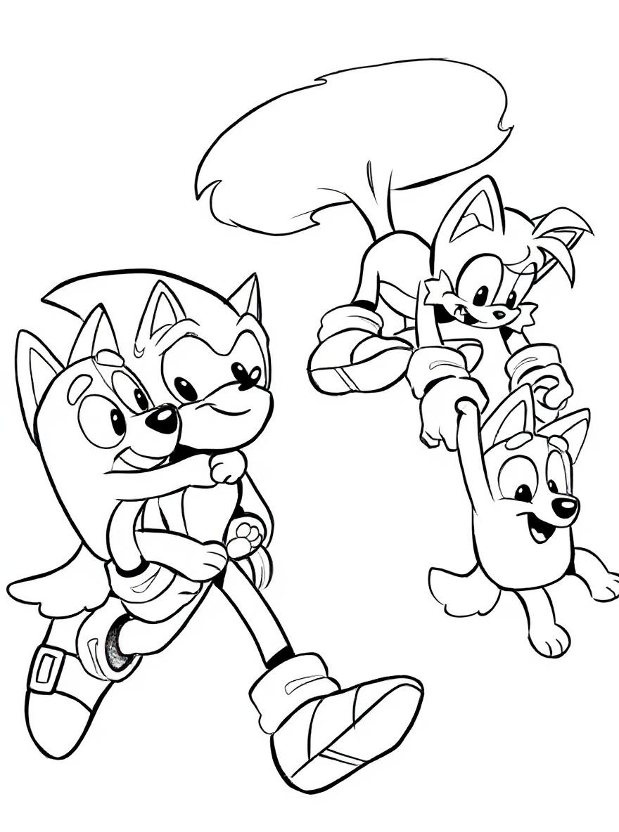 Bluey and Bingo with Sonic and Tails coloring page