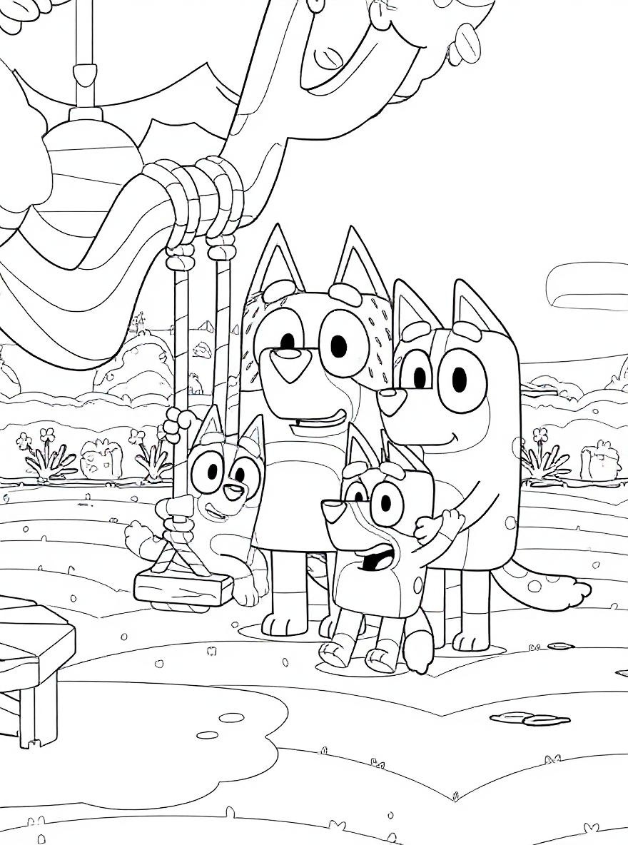 bluey and family in the park coloring page