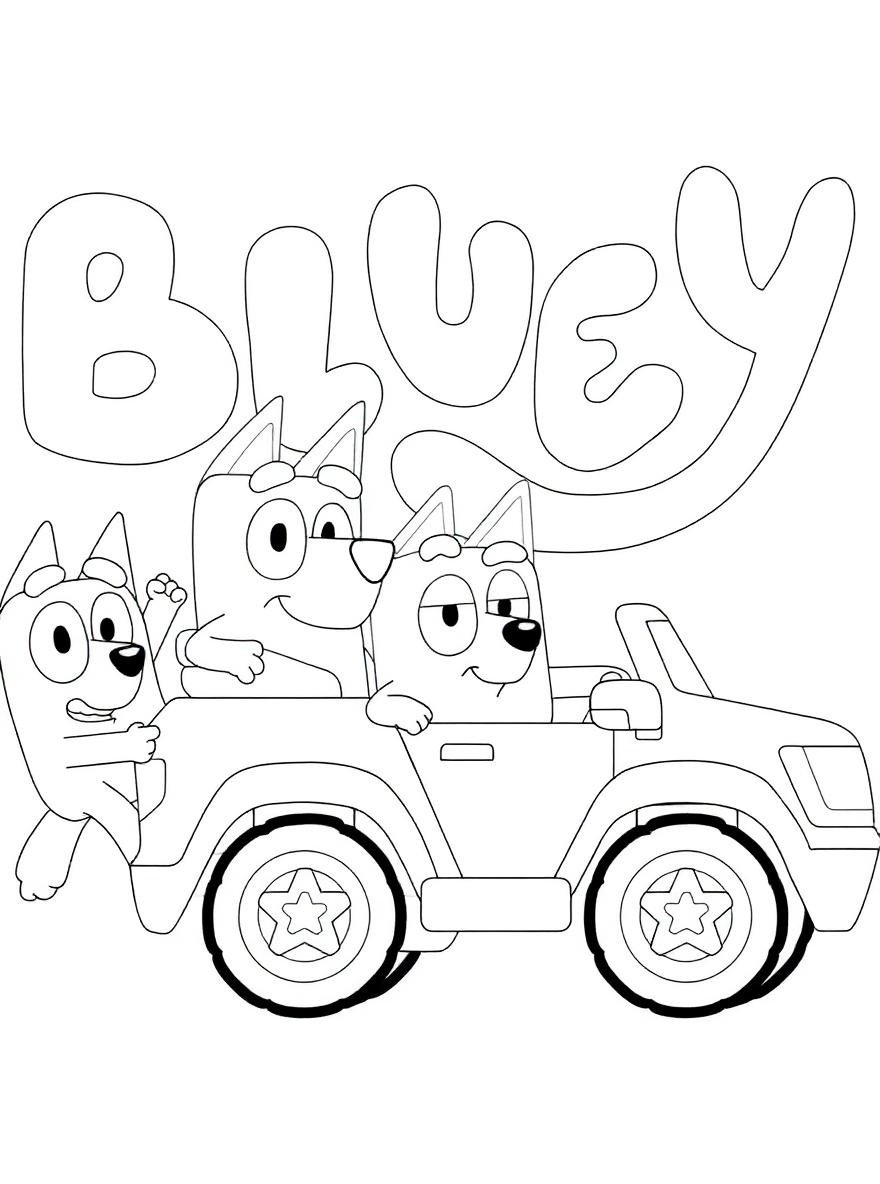 Bluey and friends car ride coloring page