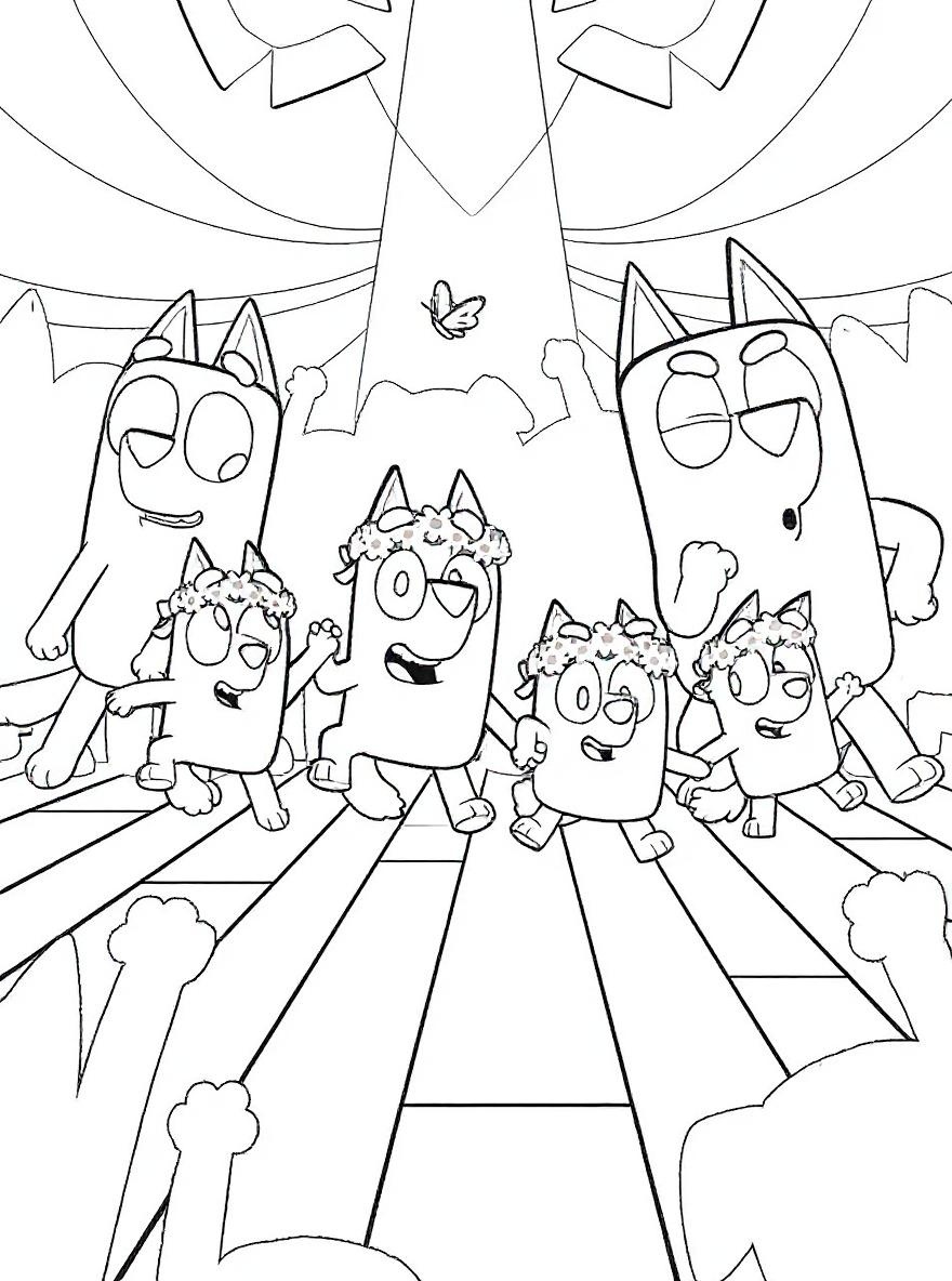 bluey and friends dancing at a party coloring page