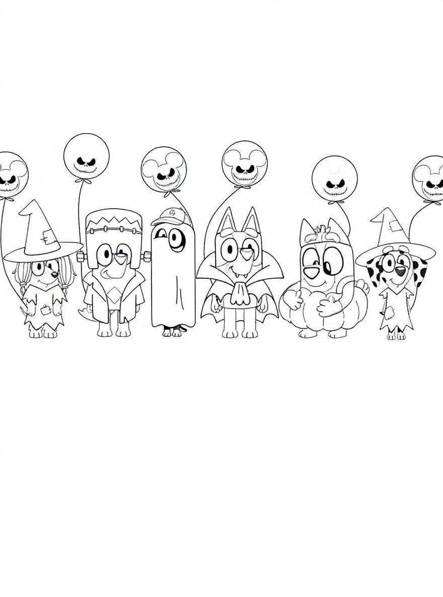 Bluey and friends Halloween costumes coloring page