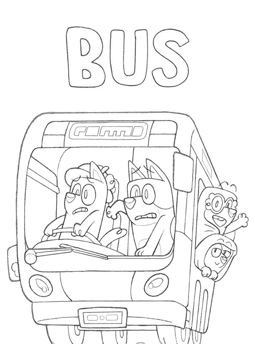Bluey and friends on a bus coloring page
