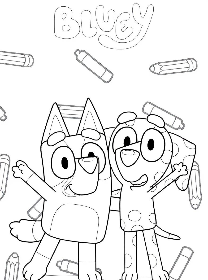 Bluey and Lucky posing together coloring page
