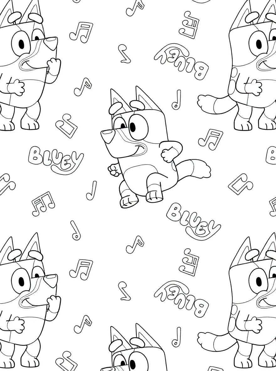 Bluey dancing with music notes coloring page