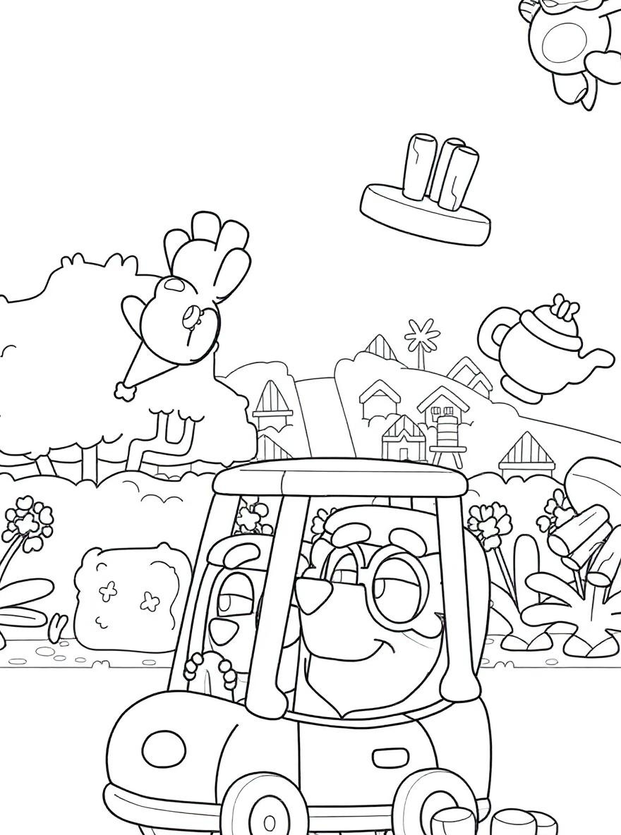Bluey driving a golf cart coloring page