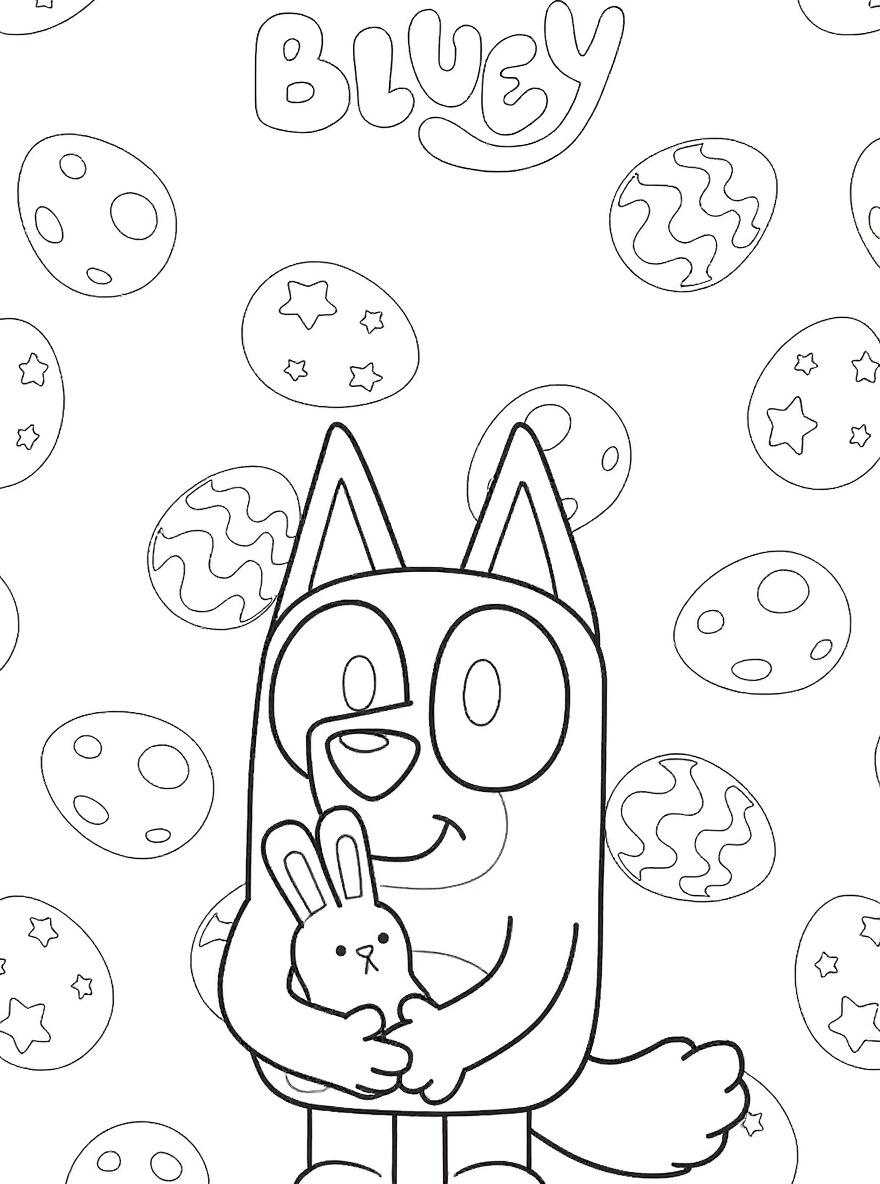 Bluey holding a bunny coloring page