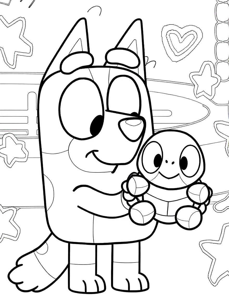 Bluey holding a little turtle coloring page
