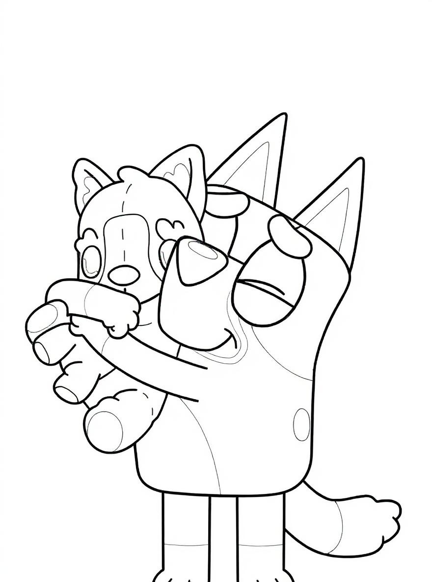 Bluey hugging a teddy bear coloring page
