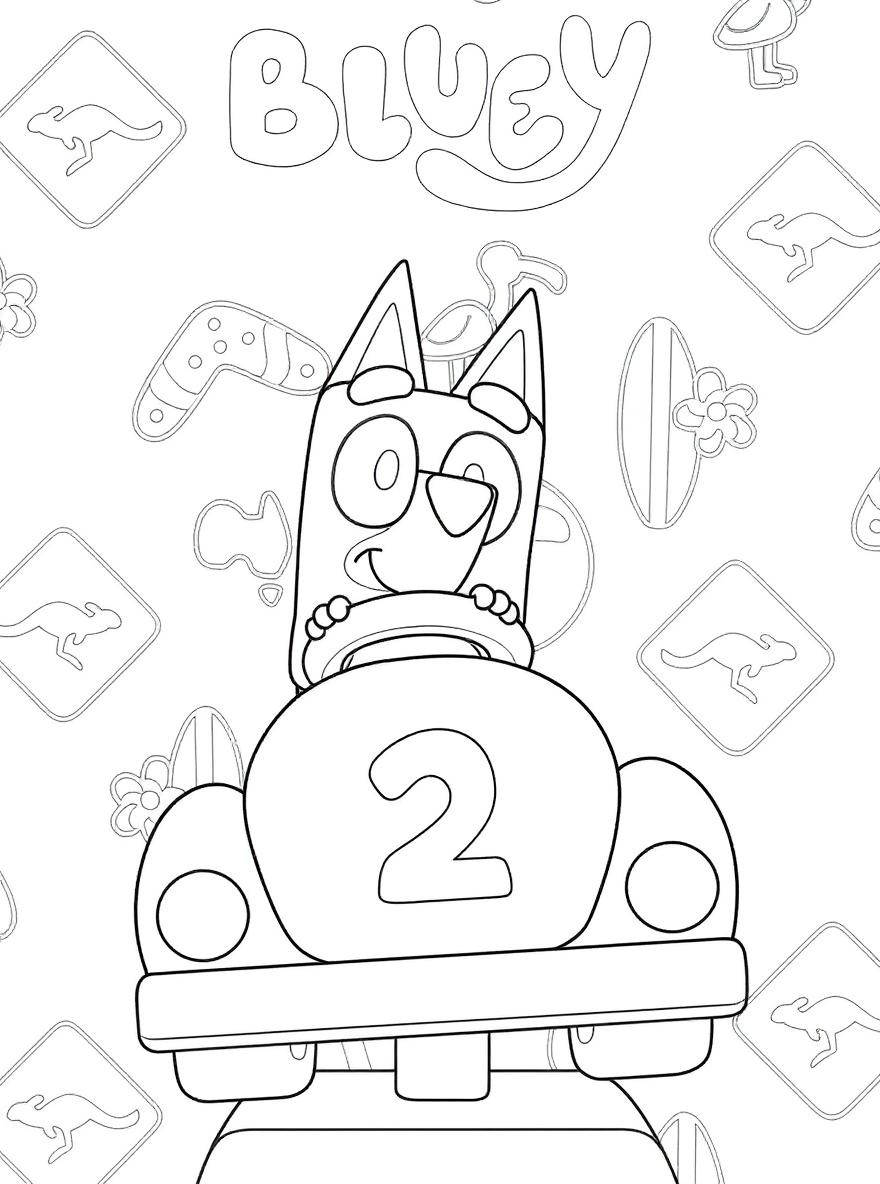Bluey in a car coloring page