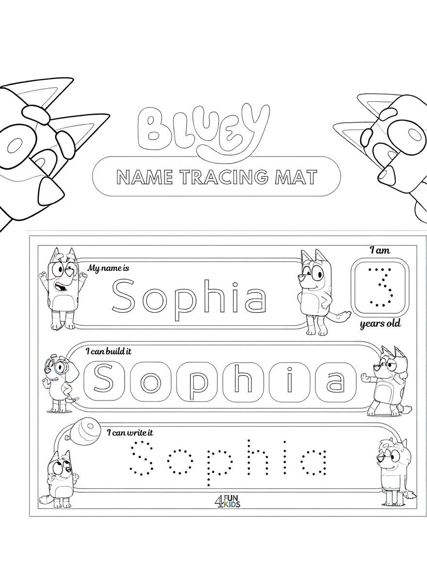 Bluey name tracing mat sophia coloring page