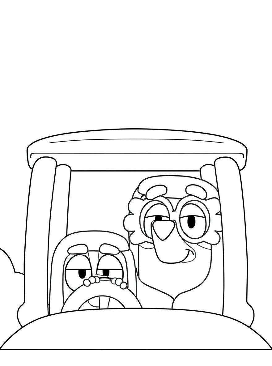 Bluey playing in car coloring page