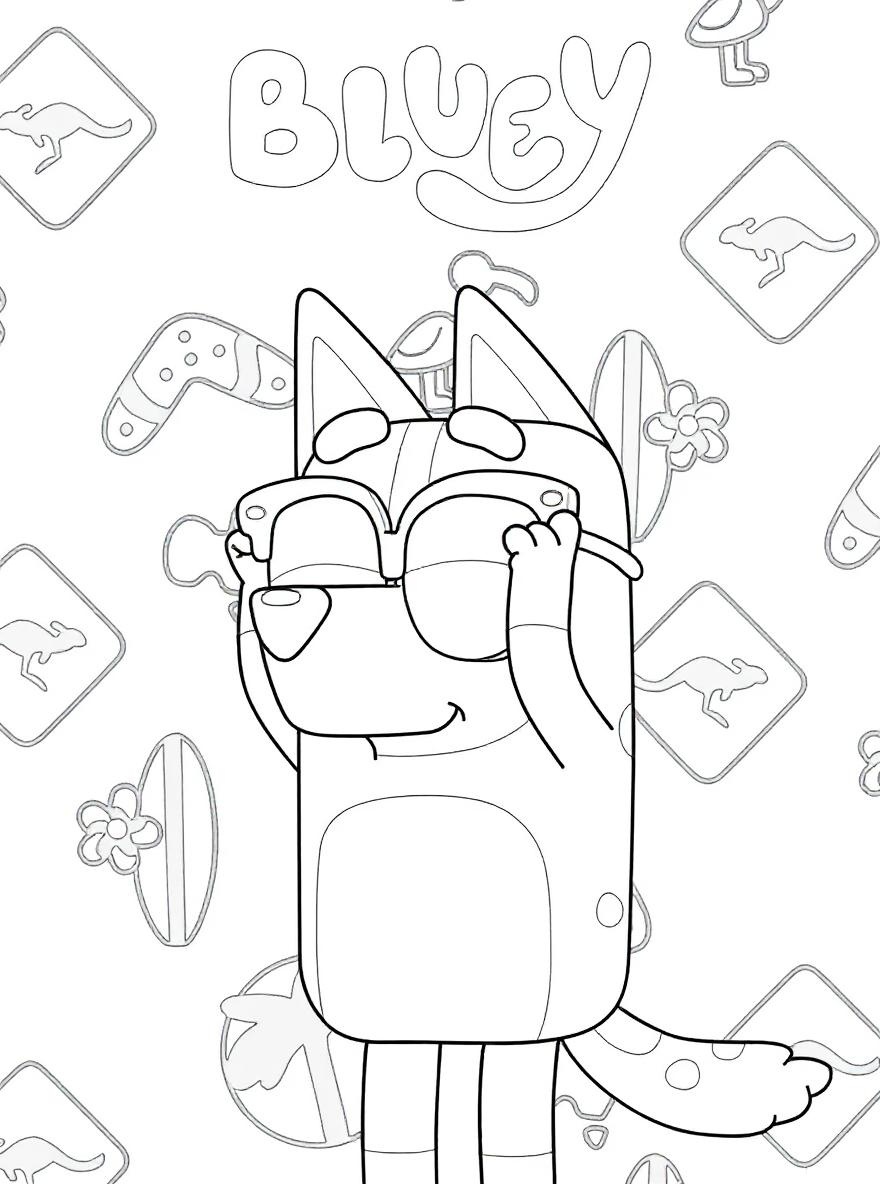 Bluey playing with sunglasses coloring page