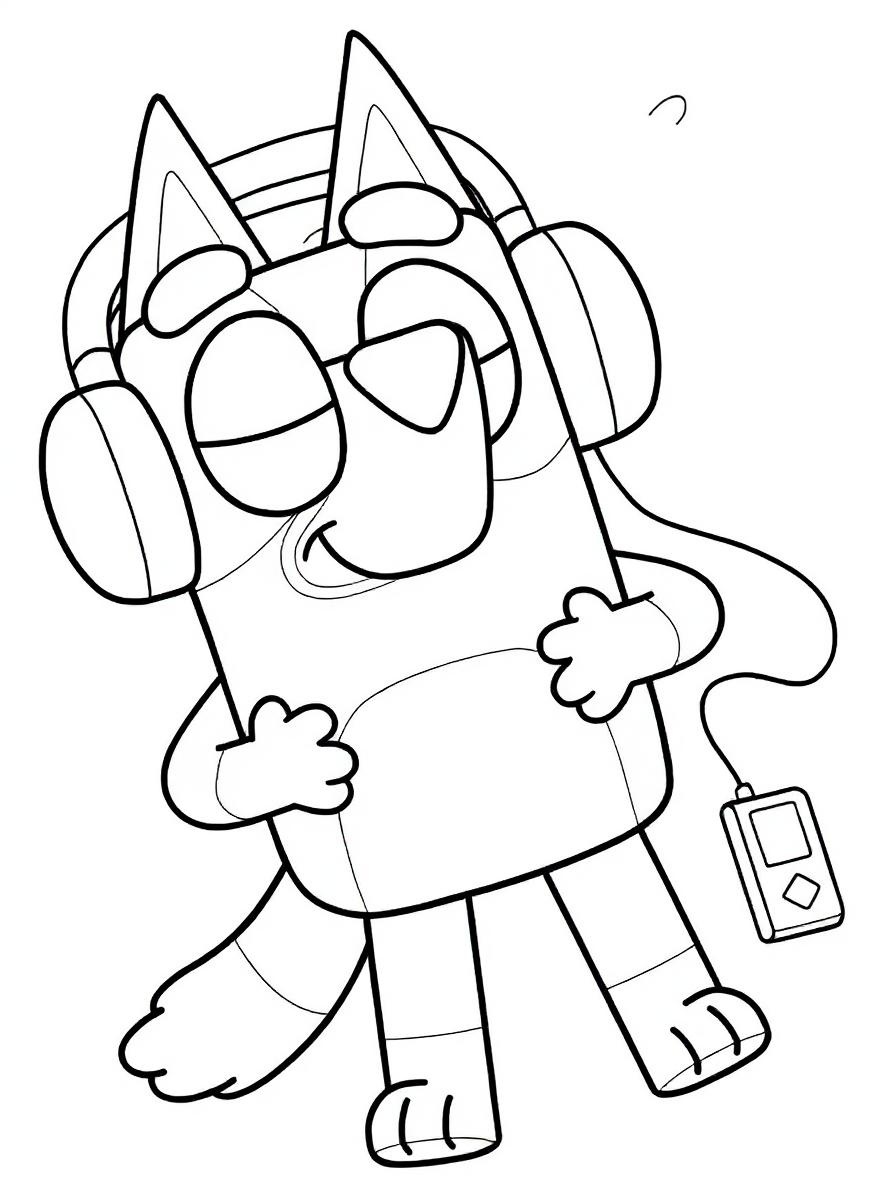 Bluey relaxing with headphones coloring page