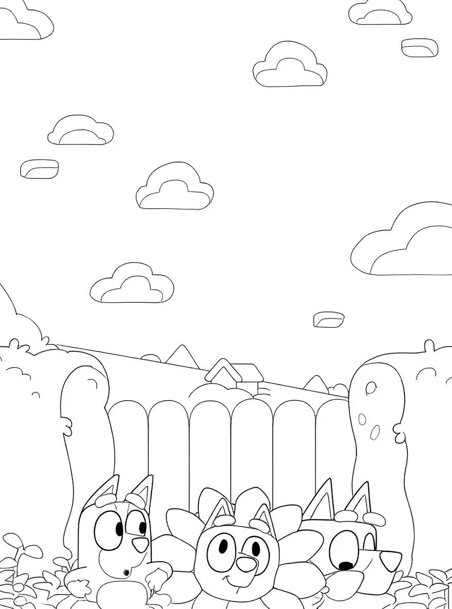 Three dogs at the garden coloring page