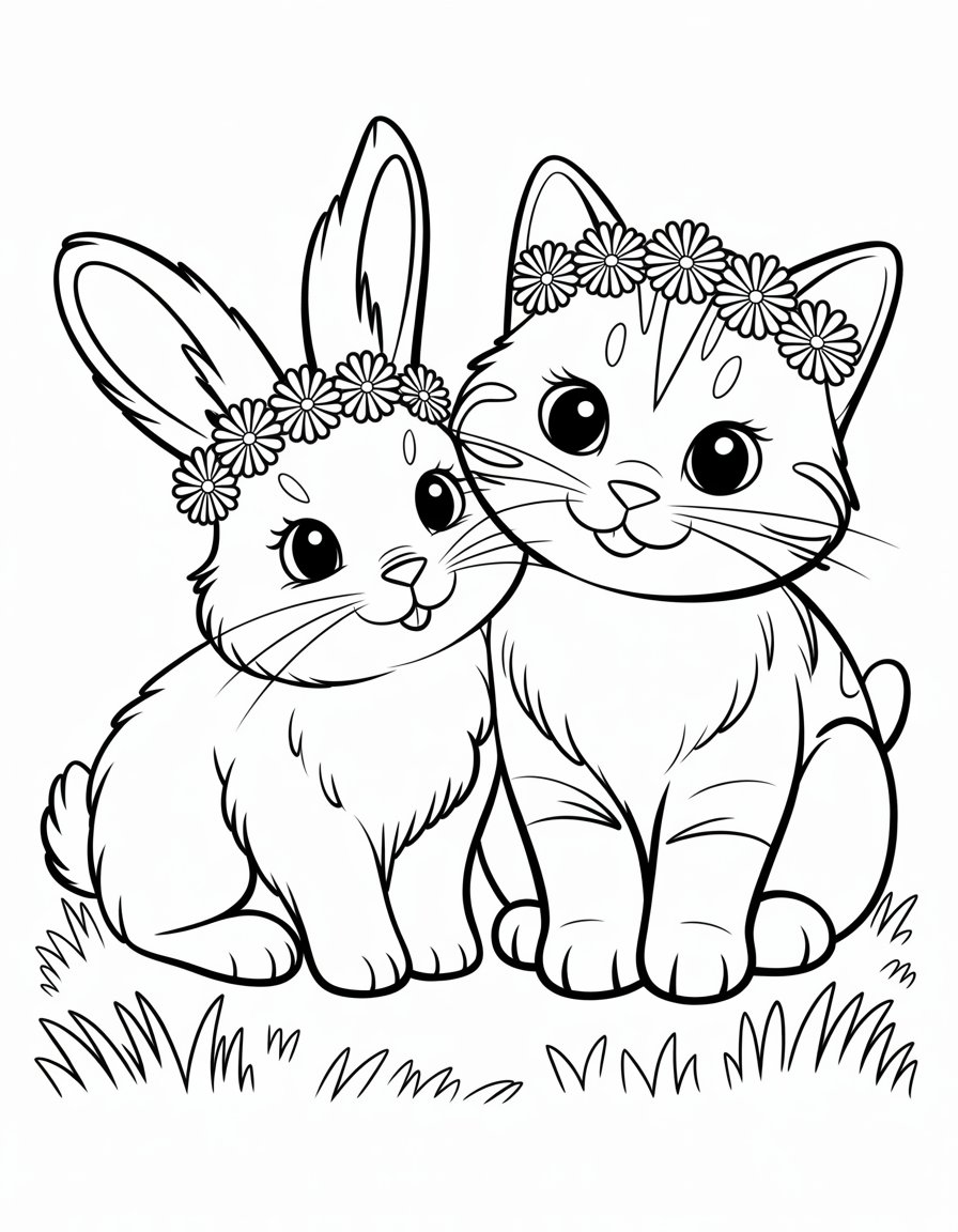 bunny and cat coloring page