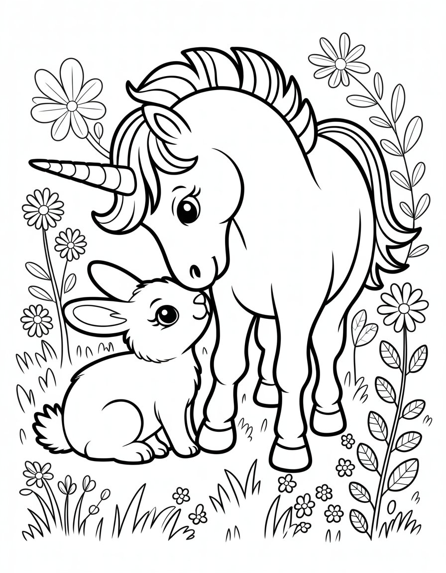 bunny and unicorn coloring page